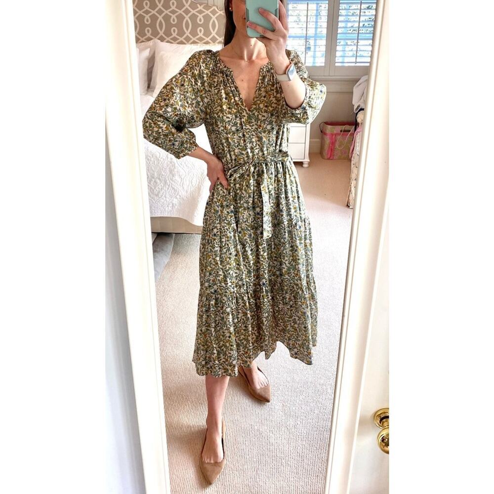 XIRENA Annieka Dress Midi Floral Green Cotton Shirtdress Button Down Tuckernuck